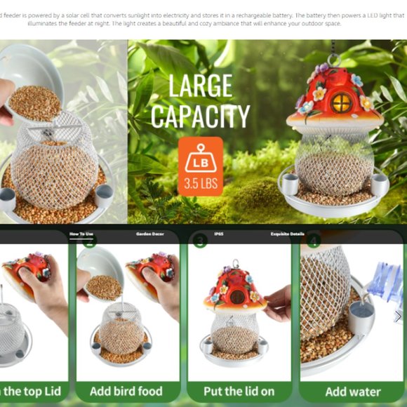 Large Solar Cell/ Metal Mesh/ Mushroom-Shaped Rasin Bird Feeder for Outdoors - Picture 12 of 12